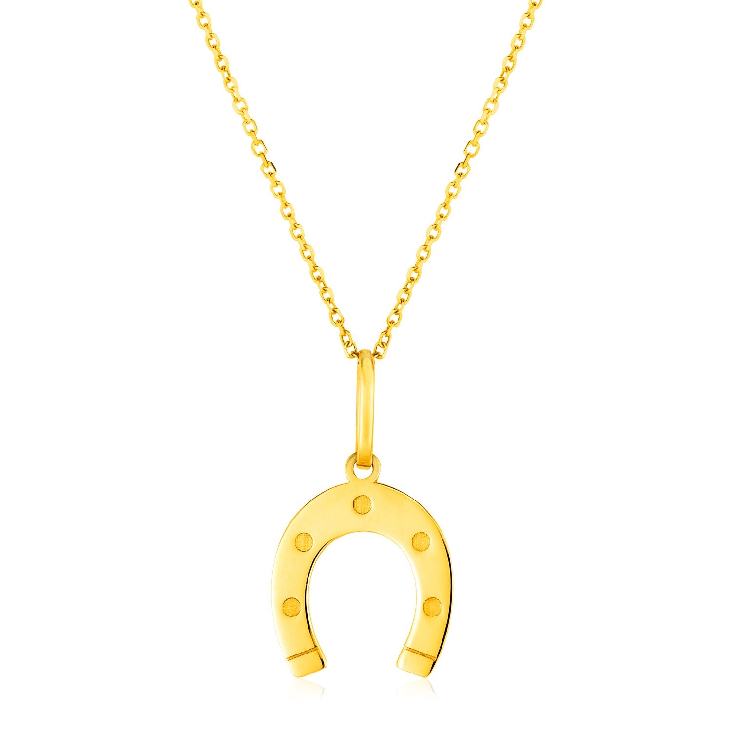 14K Yellow Gold Necklace with Horseshoe in a sleek high-contrast midnight luxury editorial style